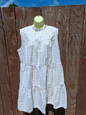 Sleeveless White Tiered Sun Dress with Blue And Red Dot Print